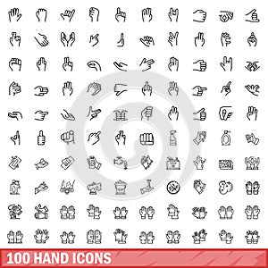 100 hand icons set, outline style