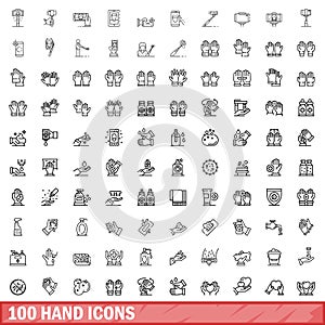 100 hand icons set, outline style