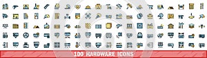 100 hardware icons set, color line style