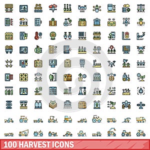 100 harvest icons set, color line style