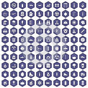 100 healthy lifestyle icons hexagon purple