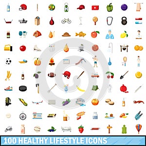 100 healthy lifestyle icons set, cartoon style