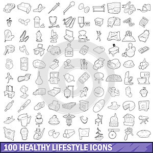 100 healthy lifestyle icons set, outline style