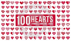 100 hearts geometric linear logos vector icons or logotypes big set, graphic design modern style elements, love care and charity