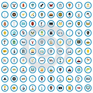 100 history site icons set, flat style