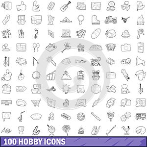 100 hobby icons set, outline style