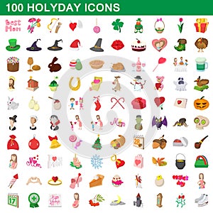 100 holyday icons set, cartoon style