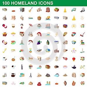 100 homeland icons set, cartoon style