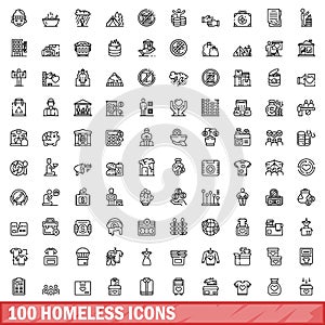 100 homeless icons set, outline style