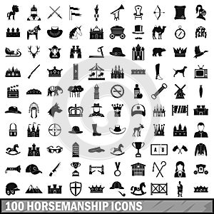 100 horsemanship icons set, simple style