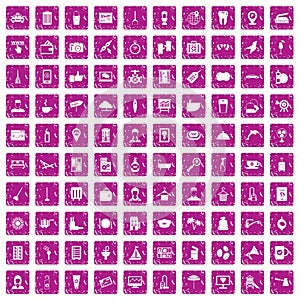 100 hotel services icons set grunge pink