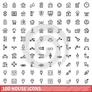 100 house icons set, outline style