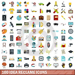 100 idea reclame icons set, flat style