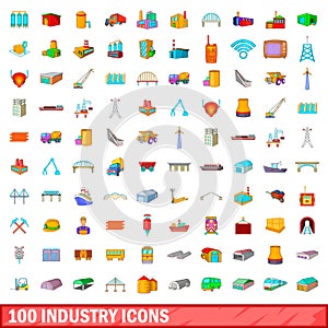 100 industry icons set, cartoon style