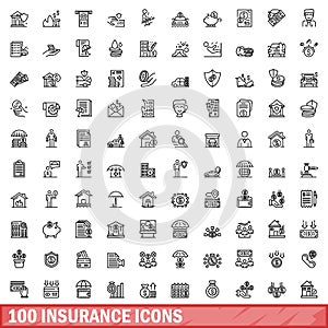 100 insurance icons set, outline style