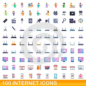 100 internet icons set, cartoon style