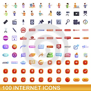 100 internet icons set, cartoon style