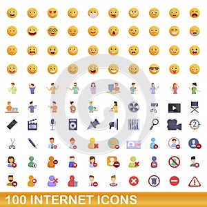 100 internet icons set, cartoon style