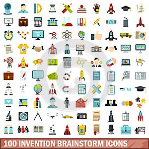 100 invention brainstorm icons set, flat style