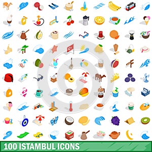 100 istambul icons set, isometric 3d style