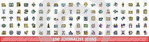 100 journalist icons set, color line style