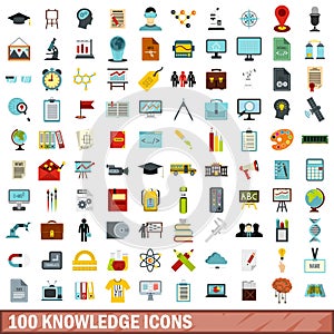 100 knowledge icons set, flat style