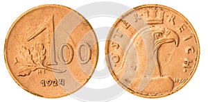 100 kronen 1924 coin isolated on white background, Austria