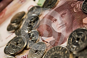 100-kroner bill with coins
