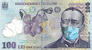 100 lei romanian bill wearing a protective mask