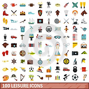 100 leisure icons set, flat style