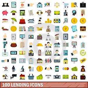100 lending icons set, flat style