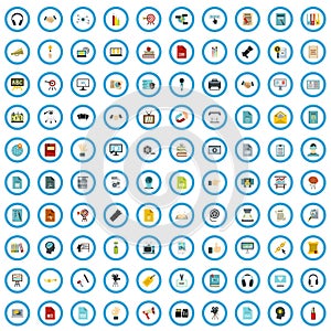 100 library advertising icons set, flat style