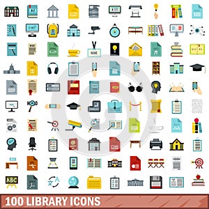 100 library icons set, flat style