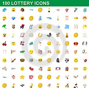 100 lottery icons set, cartoon style