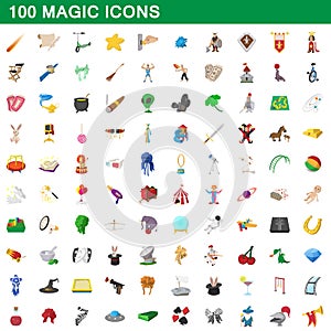 100 magic icons set, cartoon style