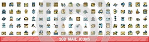 100 mail icons set, color line style