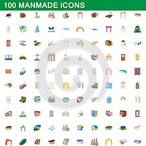 100 manmade icons set, cartoon style