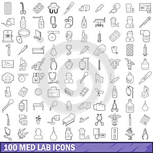 100 med lab icons set, outline style