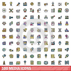 100 media icons set, color line style