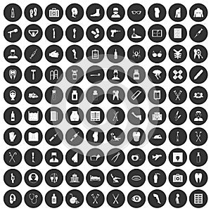 100 medical care icons set black circle