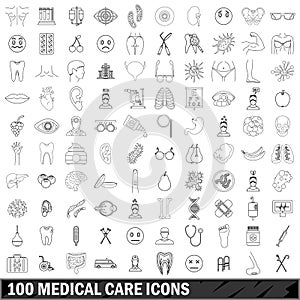 100 medical care icons set, outline style