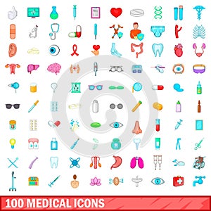 100 medical icons set, cartoon style