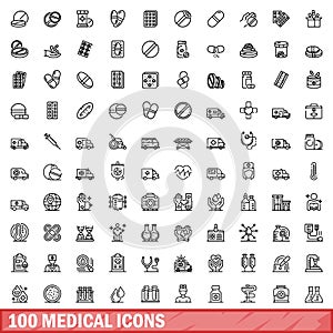 100 medical icons set, outline style