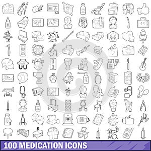 100 medication icons set, outline style