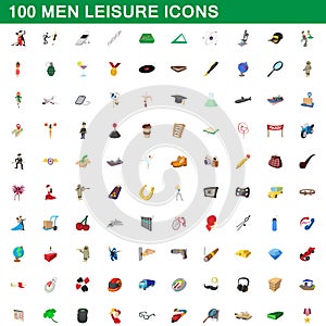 100 men leisure icons set, cartoon style