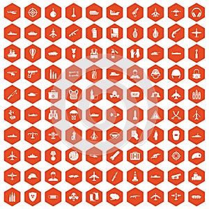 100 military resources icons hexagon orange