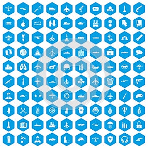 100 military resources icons set blue