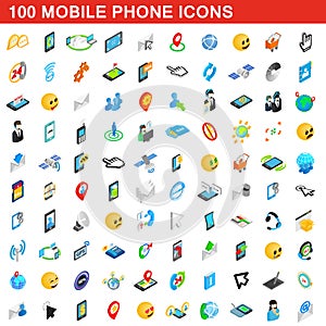 100 mobile phone icons set, isometric 3d style