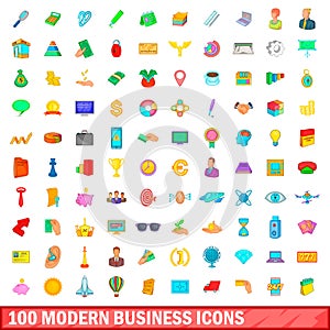 100 modern business icons set, cartoon style