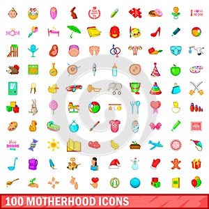 100 motherhood icons set, cartoon style